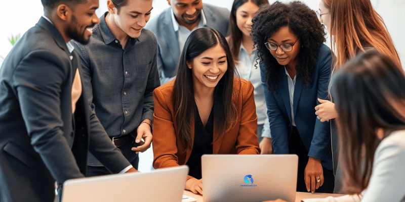A diverse team of professionals collaborating in a modern office environment, highlighting the inclusive nature of the UK's Global Talent Visa program.