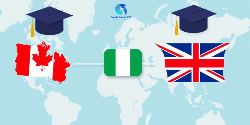 Map showing key scholarship destinations for Nigerian students: UK, Canada, Australia, and USA