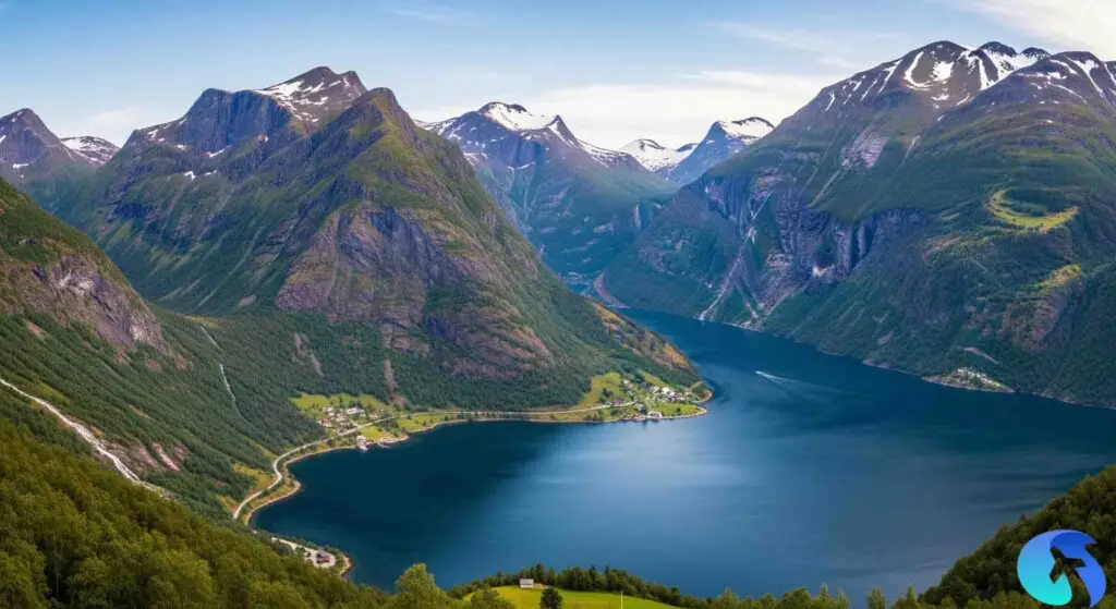 A breathtaking panoramic view of Norway’s fjords, showcasing the country's stunning natural beauty and inviting landscape for foreigners seeking work opportunities.