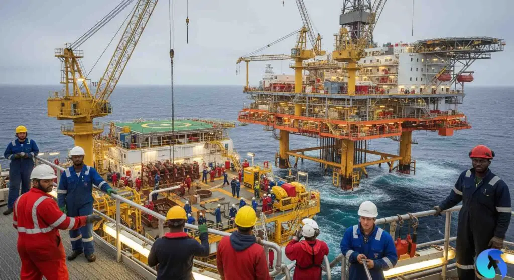 An offshore oil rig in Norway, representing the thriving oil and gas industry and its demand for skilled engineers and technicians.