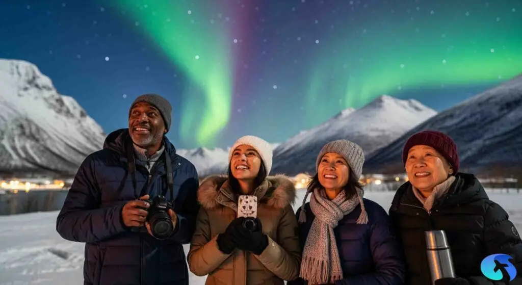 Visitors admiring the Northern Lights in Tromsø, showcasing the vibrant tourism industry and hospitality job opportunities in Norway.